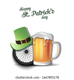 Happy St. Patricks day. Bicycle wheel with St. Patrick hat and mug of beer. Pattern for banner, poster, greeting card, party invitation. Vector illustration