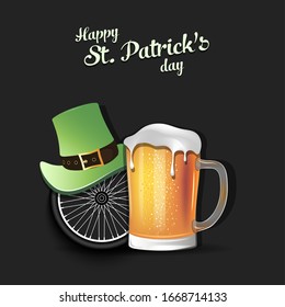 Happy St. Patricks day. Bicycle wheel with St. Patrick hat and mug of beer. Pattern for banner, poster, greeting card, party invitation. Vector illustration