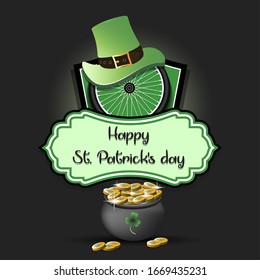 Happy St. Patricks day. Bicycle logo template design. Bicycle wheel with St. Patrick hat and pot with gold. Pattern for banner, poster, greeting card, party invitation. Vector illustration