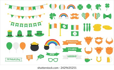 Happy St. Patrick's Day big set with green clover, shamrock, gold coins pot, flag, rainbow, moustache, horseshoe, hat, flags, garlands, hearts white isolated background	