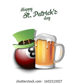 Happy St. Patricks day. Billiard ball with St. Patrick hat and mug of beer. Pattern for banner, poster, greeting card, party invitation. Vector illustration
