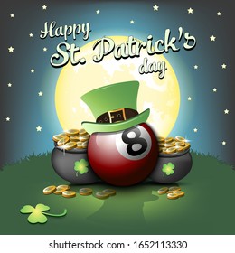 Happy St. Patricks day. Billiard ball with St. Patrick hat and pot with gold on the background of the moon. Pattern for banner, poster, greeting card, invitation. Vector illustration