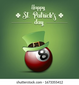 Happy St. Patrick's day. Billiard ball in leprechaun hat on an isolated background. Pattern for banner, poster, greeting card, party invitation. Vector illustration
