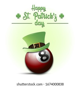 Happy St. Patrick's day. Billiard ball in leprechaun hat on an isolated background. Pattern for banner, poster, greeting card, party invitation. Vector illustration
