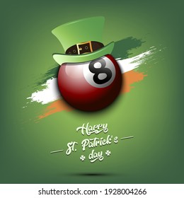 Happy St. Patricks day. Billiard ball in leprechaun hat the background of the Irish flag. Pattern for greeting card, logo, banner, poster, party invitation. Vector illustration