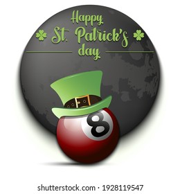 Happy St. Patricks day. Billiard ball in leprechaun hat on an isolated background. Pattern for greeting card, logo, banner, poster, party invitation. Vector illustration