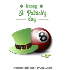 Happy St. Patricks day. Billiard ball and leprechaun hat on an isolated background. Pattern for greeting card, logo, banner, poster, party invitation. Vector illustration