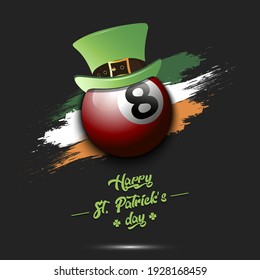 Happy St. Patricks day. Billiard ball in leprechaun hat the background of the Irish flag. Pattern for greeting card, logo, banner, poster, party invitation. Vector illustration