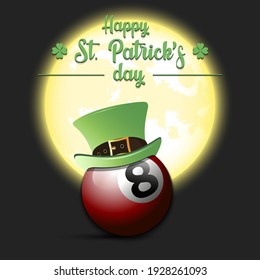Happy St. Patricks day. Billiard ball in leprechaun hat on an isolated background. Pattern for greeting card, logo, banner, poster, party invitation. Vector illustration