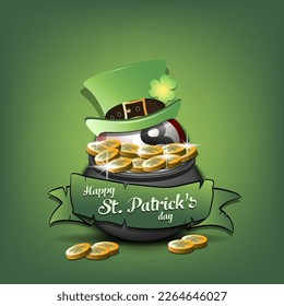 Happy St. Patrick's day. Billiard ball in leprechaun hat in pot with gold coins. Pattern design for logo, banner, poster, greeting card, party invitation. Vector illustration on isolated background