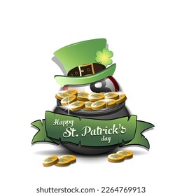 Alles Gute zum St. Patrick's Day! Billardkugel in Koboldhut mit Goldmünzen. Muster-Design für Logo, Banner, Poster, Grußkarte, Partyeinladung. Vektorgrafik auf isoliertem Hintergrund