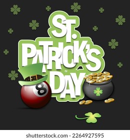 Alles Gute zum St. Patrick's Day! Billardkugel in Koboldhut, Topf mit Goldmünzen und Klee. Design für Logo, Banner, Poster, Grußkarte. Vektorgrafik auf isoliertem Hintergrund