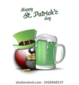 Happy St. Patricks day. Billiard ball with St. Patrick hat, mug of beer and pot with gold. Pattern design for logo, banner, poster, greeting card. Vector illustration on isolated background
