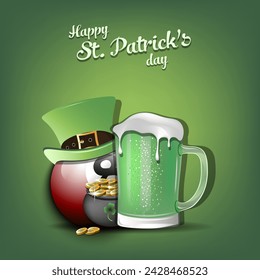 Happy St. Patricks day. Billiard ball with St. Patrick hat, mug of beer and pot with gold. Pattern design for logo, banner, poster, greeting card. Vector illustration on isolated background