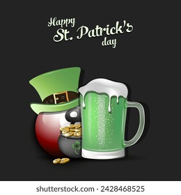 Happy St. Patricks day. Billiard ball with St. Patrick hat, mug of beer and pot with gold. Pattern design for logo, banner, poster, greeting card. Vector illustration on isolated background