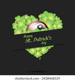 Happy St. Patricks day. Billiard ball on background heart made of clovers and shamrock. Pattern design for logo, banner, poster, greeting card. Vector illustration on isolated background