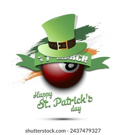 Happy St. Patricks day. Billiard ball in leprechaun hat the background of the Irish flag. Pattern for greeting card, logo, banner, poster, party invitation. Vector illustration on isolated background