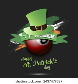 Happy St. Patricks day. Billiard ball in leprechaun hat the background of the Irish flag. Pattern for greeting card, logo, banner, poster, party invitation. Vector illustration on isolated background