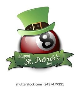 Happy St. Patricks day. Billiard ball in leprechaun hat with banner. Pattern for greeting card, logo, banner, poster, party invitation. Vector illustration on isolated background