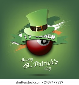 Happy St. Patricks day. Billiard ball in leprechaun hat the background of the Irish flag. Pattern for greeting card, logo, banner, poster, party invitation. Vector illustration on isolated background