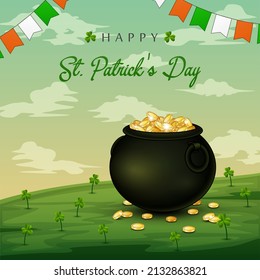 Happy St. Patrick's Day with a black pot full of gold coins