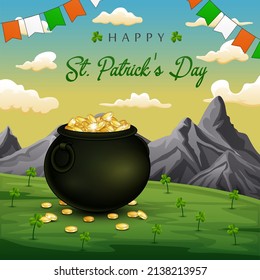 Happy St. Patrick's Day with a black pot full of gold coins at nature