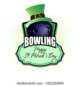 Happy St. Patricks day. Bowling logo template design. Bowling ball with St. Patrick hat. Pattern for banner, poster, greeting card, party invitation. Vector illustration