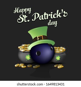 Happy St. Patricks day. Bowling ball with St. Patrick hat and pot with gold on an isolated background. Pattern for banner, poster, greeting card, invitation. Vector illustration