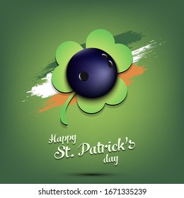 Happy St. Patrick's day. Bowling ball and clover against the background of the Irish flag. Pattern for banner, poster, greeting card, party invitation. Vector illustration
