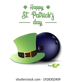 Happy St. Patricks day. Bowling ball and leprechaun hat on an isolated background. Pattern for greeting card, logo, banner, poster, party invitation. Vector illustration
