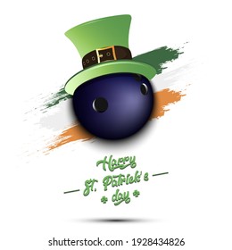 Happy St. Patricks day. Bowling ball in leprechaun hat the background of the Irish flag. Pattern for greeting card, logo, banner, poster, party invitation. Vector illustration