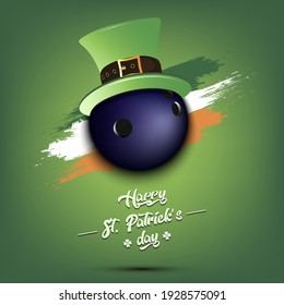 Happy St. Patricks day. Bowling ball in leprechaun hat the background of the Irish flag. Pattern for greeting card, logo, banner, poster, party invitation. Vector illustration