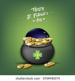 Happy St. Patricks day. A bowling ball in a pot of gold on an isolated background. Pattern for banner, poster, greeting card, invitation. Vector illustration