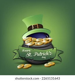 Happy St. Patrick's day. Bowling ball in leprechaun hat in pot with gold coins. Pattern design for logo, banner, poster, greeting card, party invitation. Vector illustration on isolated background