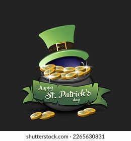Happy St. Patrick's day. Bowling ball in leprechaun hat in pot with gold coins. Pattern design for logo, banner, poster, greeting card, party invitation. Vector illustration on isolated background