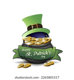 Happy St. Patrick's day. Bowling ball in leprechaun hat in pot with gold coins. Pattern design for logo, banner, poster, greeting card, party invitation. Vector illustration on isolated background