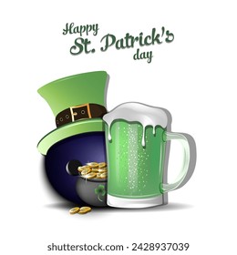 Happy St. Patricks day. Bowling ball with St. Patrick hat, mug of beer and pot with gold. Pattern design for logo, banner, poster, greeting card. Vector illustration on isolated background