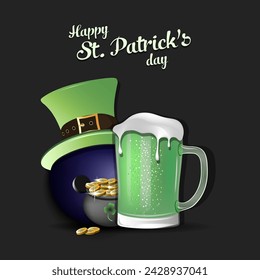 Happy St. Patricks day. Bowling ball with St. Patrick hat, mug of beer and pot with gold. Pattern design for logo, banner, poster, greeting card. Vector illustration on isolated background