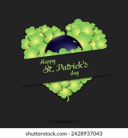 Feliz día de San Patricio. Bola de boliche en el corazón de fondo hecho de tréboles y trébol. Diseño de patrón para logotipo, banner, póster, tarjeta de felicitación. Ilustración vectorial sobre fondo aislado