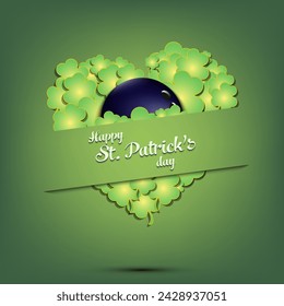Happy St. Patricks day. Bowling ball on background heart made of clovers and shamrock. Pattern design for logo, banner, poster, greeting card. Vector illustration on isolated background