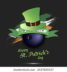 Happy St. Patricks day. Bowling ball in leprechaun hat the background of the Irish flag. Pattern for greeting card, logo, banner, poster, party invitation. Vector illustration on isolated background