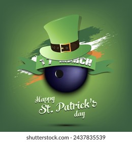 Happy St. Patricks day. Bowling ball in leprechaun hat the background of the Irish flag. Pattern for greeting card, logo, banner, poster, party invitation. Vector illustration on isolated background