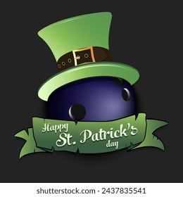 Happy St. Patricks day. Bowling ball in leprechaun hat with banner. Pattern for greeting card, logo, banner, poster, party invitation. Vector illustration on isolated background