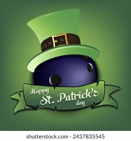 Happy St. Patricks day. Bowling ball in leprechaun hat with banner. Pattern for greeting card, logo, banner, poster, party invitation. Vector illustration on isolated background