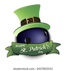 Happy St. Patricks day. Bowling ball in leprechaun hat with banner. Pattern for greeting card, logo, banner, poster, party invitation. Vector illustration on isolated background