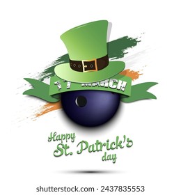 Happy St. Patricks day. Bowling ball in leprechaun hat the background of the Irish flag. Pattern for greeting card, logo, banner, poster, party invitation. Vector illustration on isolated background