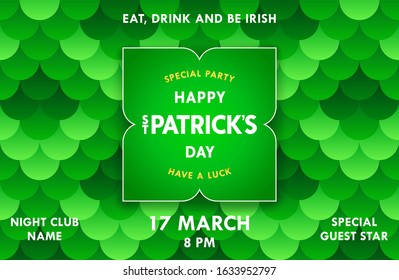 Happy St. Patrick's day. Bright festive banner with label on merry pattern background. Vector illustration 