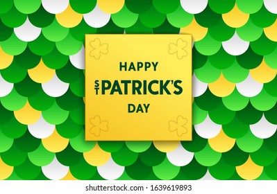 Happy St. Patrick's day. Bright festive banner with label on merry pattern background. Vector illustration 