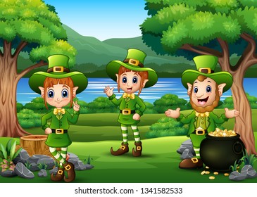 Happy St Patricks Day calebration with Leprechaun and pot of gold