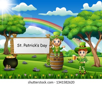 Happy St Patricks Day calebration with Leprechaun and pot of gold